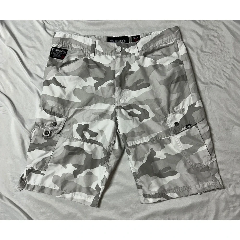 Ecko Unltd Mens Grey White Camo Cargo Shorts Size 32 Streetwear Casual Utility